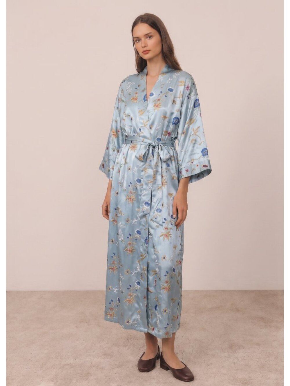 Rare Vintage Victorias Secret Light Blue Floral Embroidered Satin Kimono Robe M